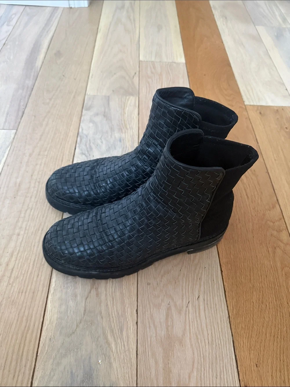 Stuart Weitzman Black Woven Leather Ankle Boots